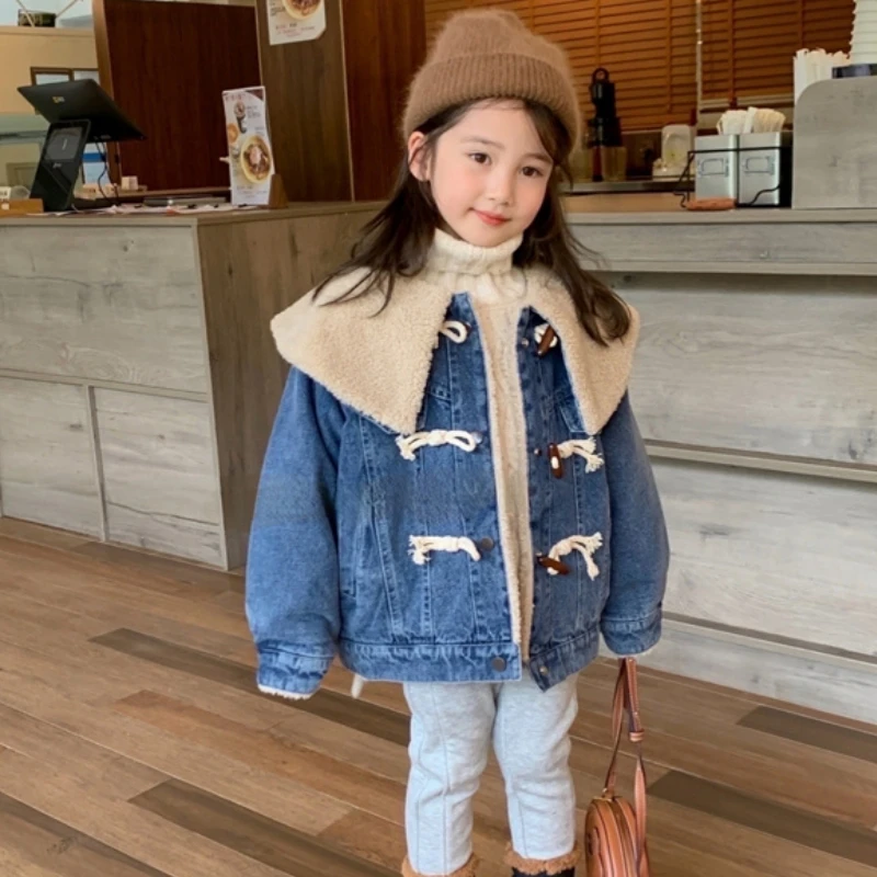 

Girls Coat Jacket Winter Cotton Windbreak 2023 Blue Jean Warm Plus Velvet Thicken High Quality Children's Clothing