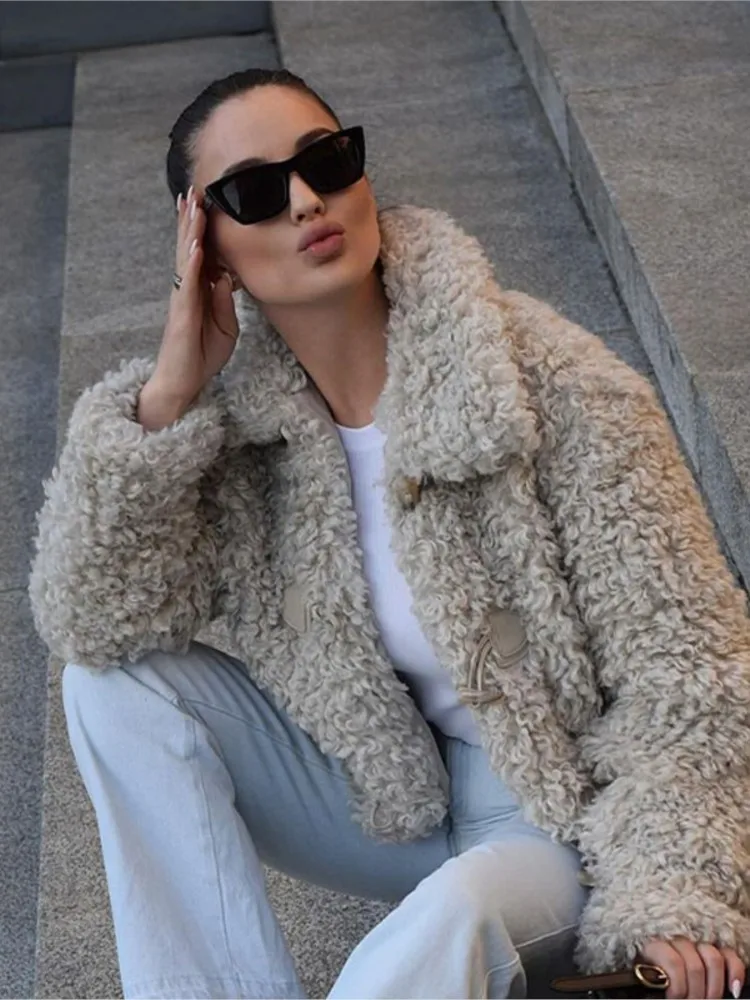 

Elegant Warm Lapel Plush Short Coat For Women Fashion Solid Long Sleeve Jacket 2023 Autumn Winter Chic Lady Thick Cozy Outerwear