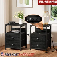 Set of 2 Nightstands with Charging Station USB Ports AC Outlets Fabric Drawers Small End Table Bedroom Living Room 1