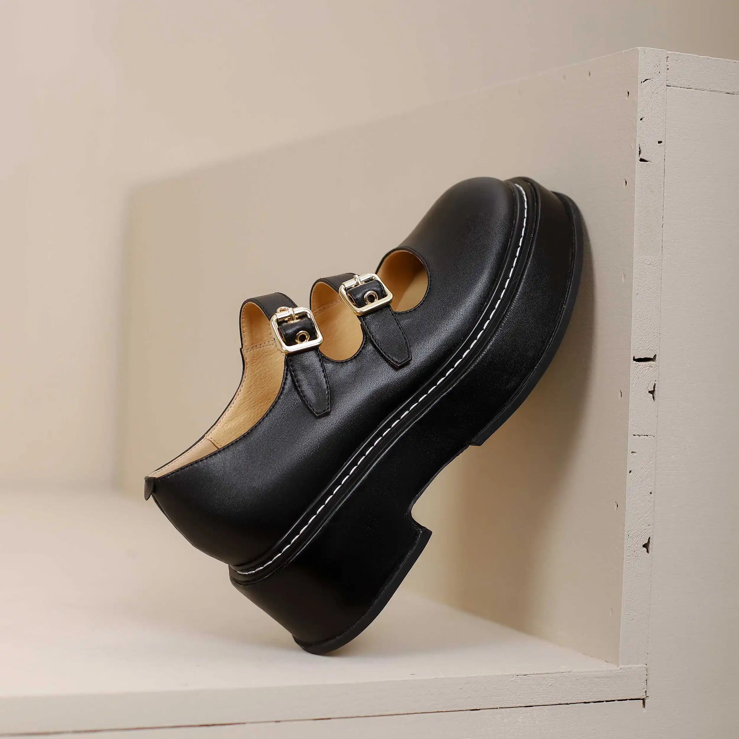 

Lenkisen genuine leather round toe high heels platform buckle strap Mary janes preppy style beauty lady basic women pumps L62