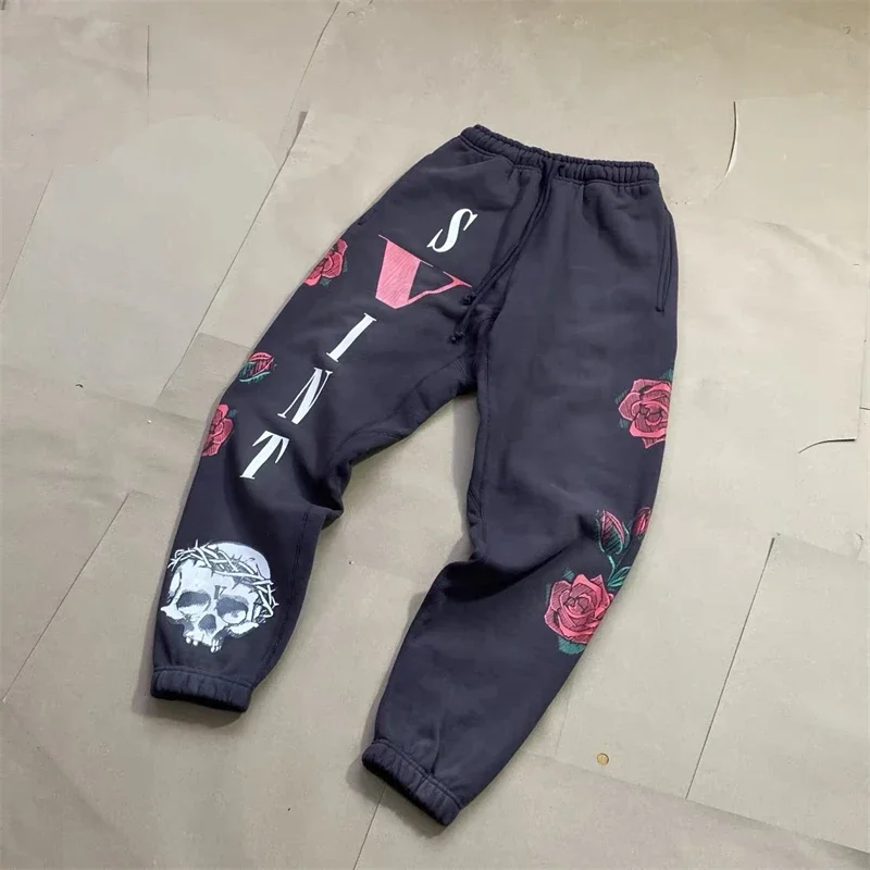 

Brown Skull Print Saint Michael Sweatpants Men Women Oversize Jogger Drawstring Pants