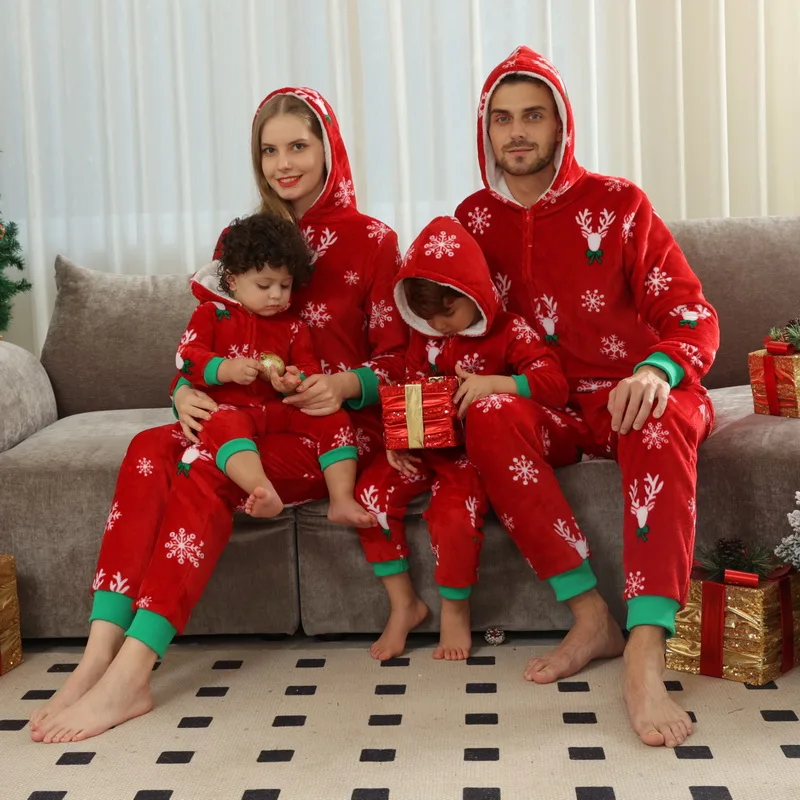 Family Christmas Flannel Pajamas Warm Thick Sleepwear Allover Print Parent-Child Matching Outfits Zipper Hooded Romper Xmas Look