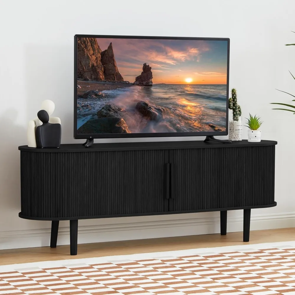 TV Stand, Modern TV Console Table with Storage Compartment and Sliding Door, Gaming Entertainment Center with Cabinet for Living 3