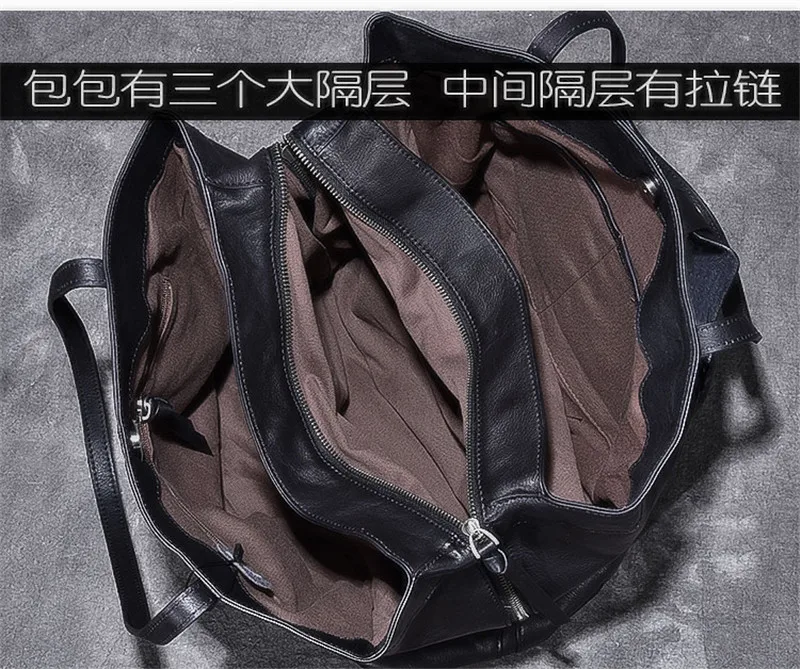 Genuine leather large capacity black tote bag luxury men's handbag designer casual real cowhide women's work travel shoulder bag