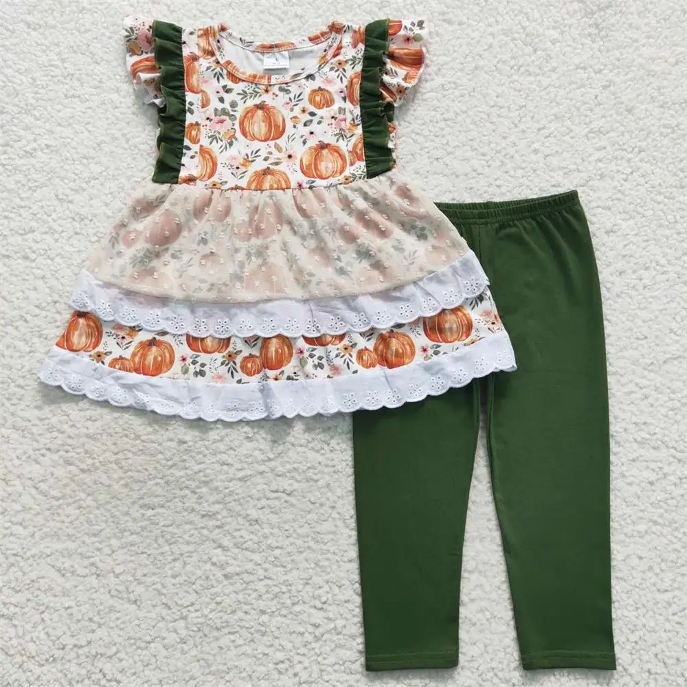 

Wholesale Baby Girl Pumpkin Floral Lace Set Toddler Green Cotton Pants Infant Short Sleeves Tunic Children Thanksgiving Outfit