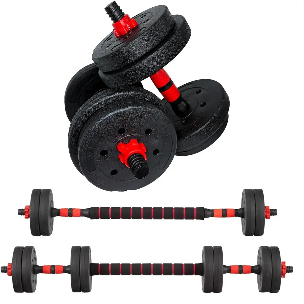 Juego de Mancuernas Ajustables de 10 kg con Barra Recta, Kit de Pesas para Ejercicio y Entrenamiento en Casa – Color Rojo