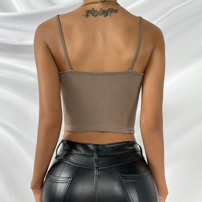 2022 Women Fashion Summer Round Neck Camis Crop Top Ladies Slim Fit Solid Color Front Buckle Vest Tops Streetwear Wo