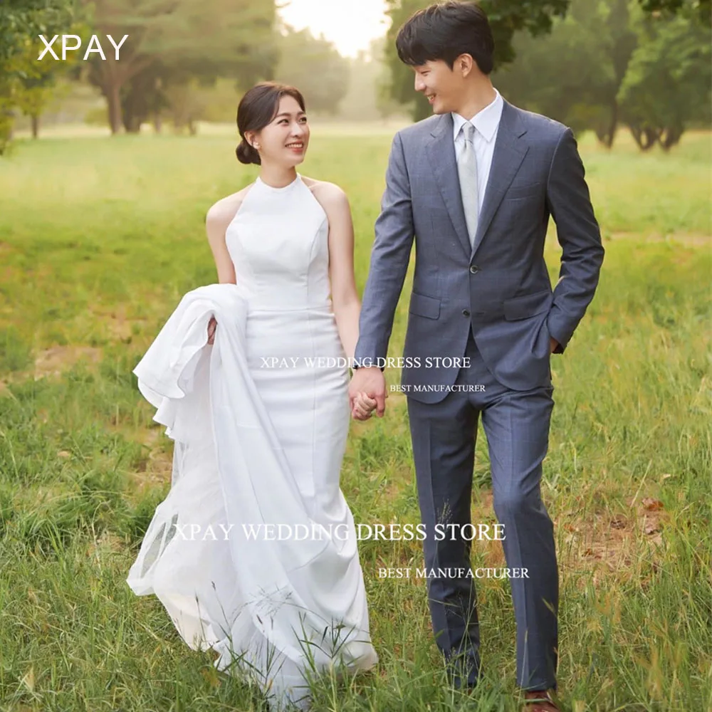 

XPAY Elegant Halter Neck Mermaid Korea Wedding Dresses Sleeveless Open Back Wedding Photo Shoot Floor Length Robe de marriage