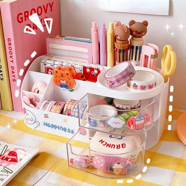 Cute Pen Holder Storage Organizer Boxes with Drawer Cosmetic Rack Kawaii  Desk Accessories Girls Office School Desktop Stationery