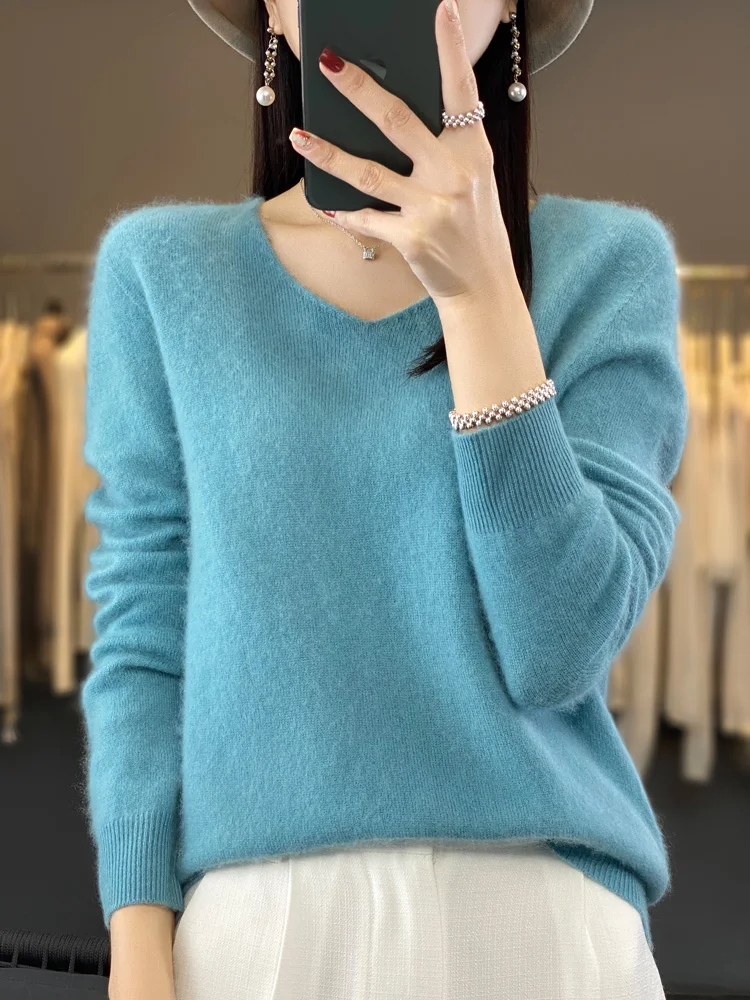여성용 양모 스웨터, V넥 풀오버, 긴팔 상의, 100% 메리노 양모 용수철, 가을 캐시미어 니트웨어 의류, 신상