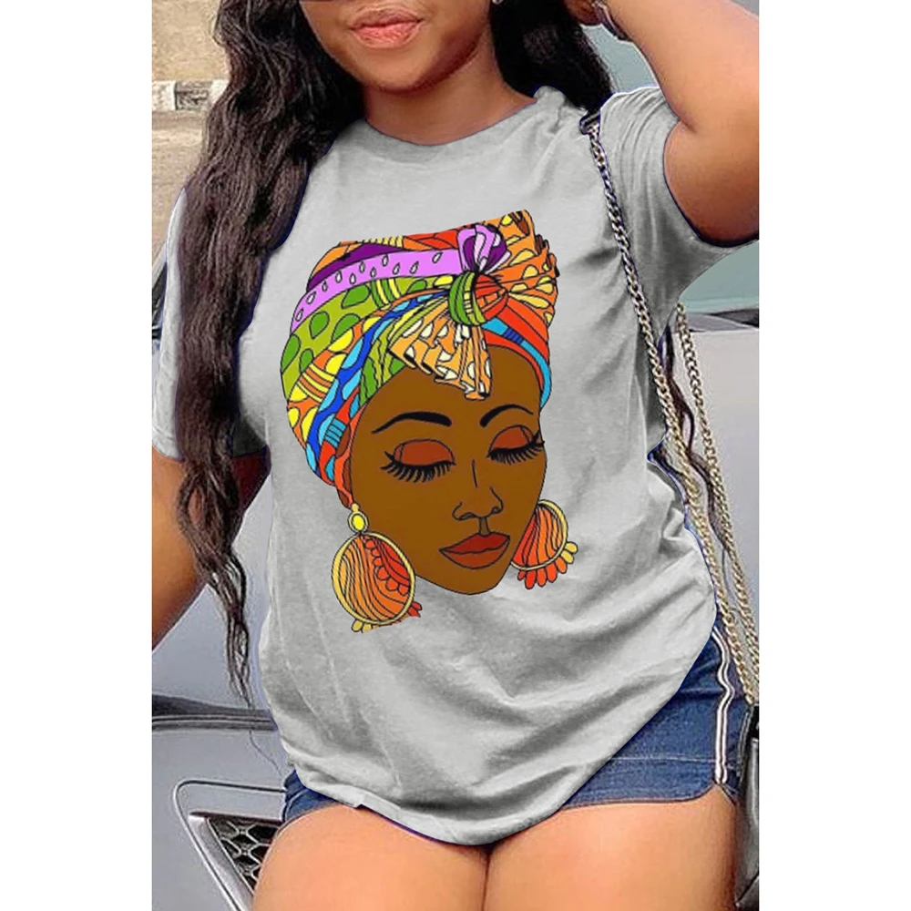 Plus Size Orange Casual Vintage Graphic Print Patchwork O Neck T-Shirts