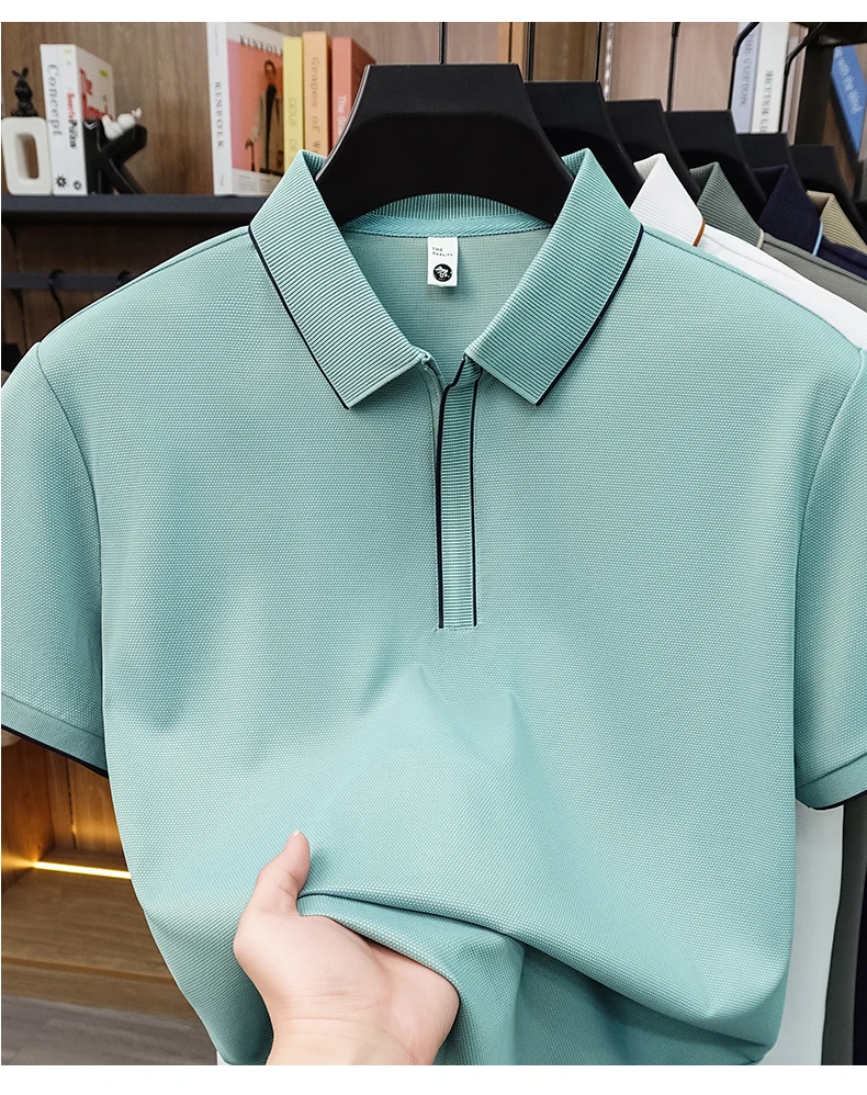 Luxuriöses Herren-Poloshirt mit kurzen Ärmeln, Sommer-Neuheit, einfarbig, Business-Casual, atmungsaktives Eisseide-T-Shirt mit High-End-Komfort – Detail 16