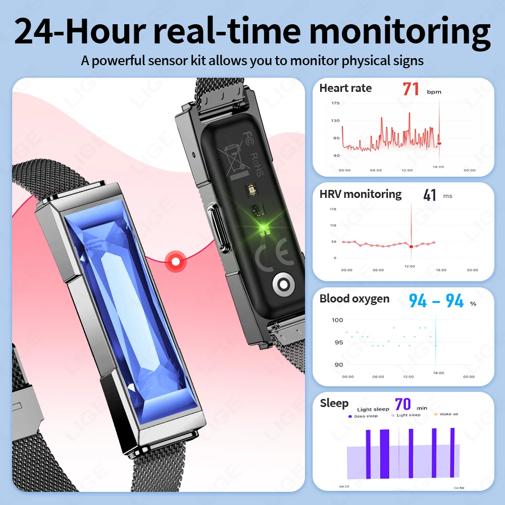 New Fashion Ladies Smart Health Wristband Fitness Tracker Sports Band for Men Sleep Heart Rate HRV Monitor Smart Bracelet Women