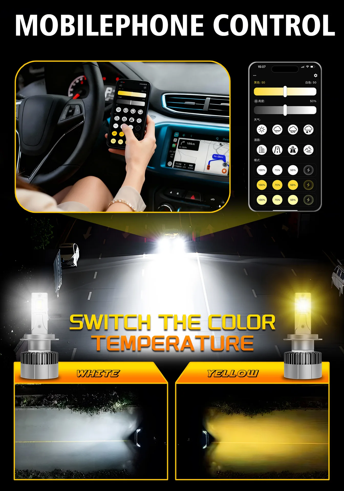 2개입 CANBUS 앱 제어 H4 LED 9003 HB2 상/하향등 자동차 헤드라이트 전구 미니 터보 3000K 4300K 6000K 3색 안개등 팬 포함