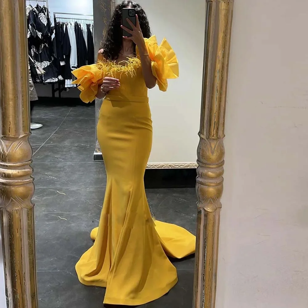 Yellow Feather Mermaid Evening Dress Bead Off -Shoulder Prom Dress for Formal Occasions Vestidos De Gala Satin New Abendkleider robe de soiree yellow prom dresses long sleeve 2020 boat neck evening mermaid dress formal satin dress vestido gala