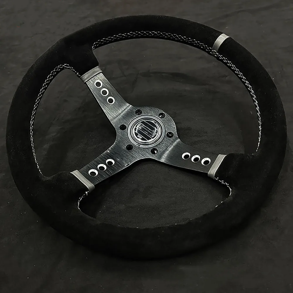 14 Inch Concave Car Modified Steering Wheel Leather And Suede Racing Sports Steering Wheel Personalized Universal Type steering wheel knob steering wheel booster ball steering wheel shifter steering wheel covers steering wheel adapter steering wheel controller steering wheel paddle extension