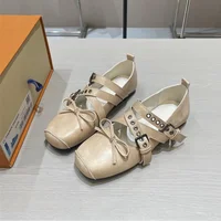 Cowhide Retro Bownot Lady Flat Shoes New Square Head Khaki Belt Buckle Ballet Shoes Korean High-end Brand Luxury Fashion Shoes 2