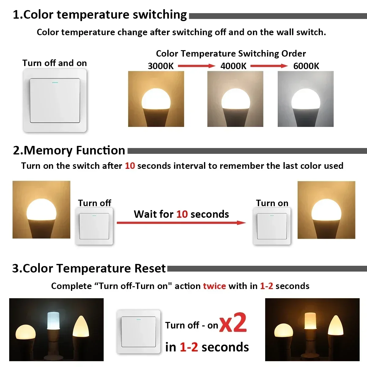 5pcs E27 B22 E14 LED 전구 스포트 라이트 GU10 벽 스위치 CCT 3000K 4000K 6000K GU5.3 기본 AC110V 220V 메모리 기능 색상