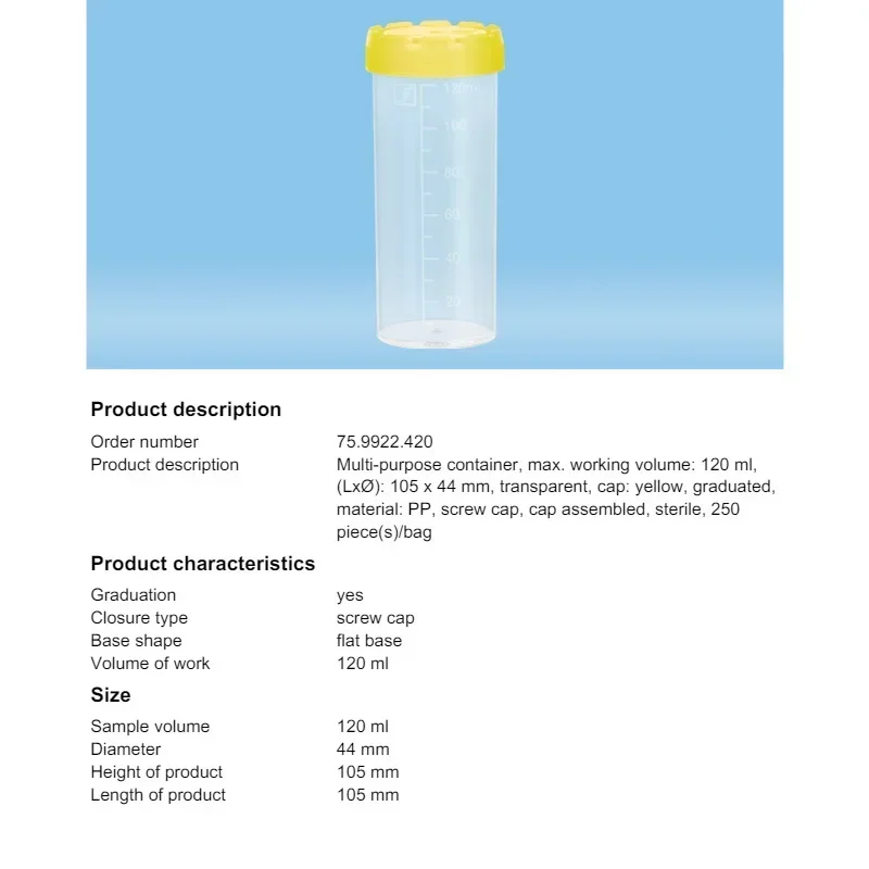 250 Pcs 120ml SARSTEDT Sterile Plastic Centrifuge Tube Light-proof Screw Cap Large PP Tube Enzyme-free Test Lab
