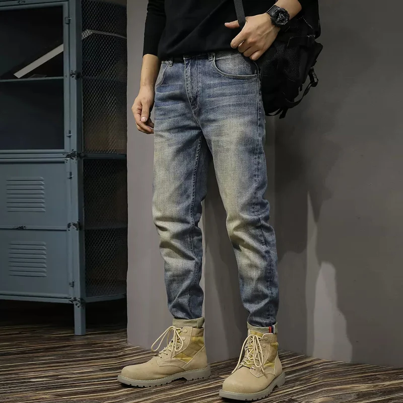 Fashion Designer Men Jeans High Quality Retro Blue Elastic Stretch Slim Fit Ripped Jeans Men Vintage Trousers Denim Pants Hombre