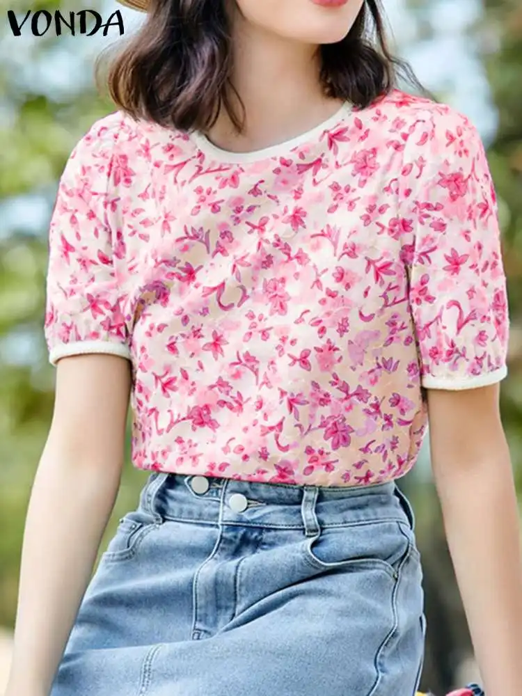 

VONDA Women Tunic 2024 Elegant Printed Floral Blouse Summer Shirts Short Sleeve Vintage Tops Fashion Casual Loose Blusas Femme