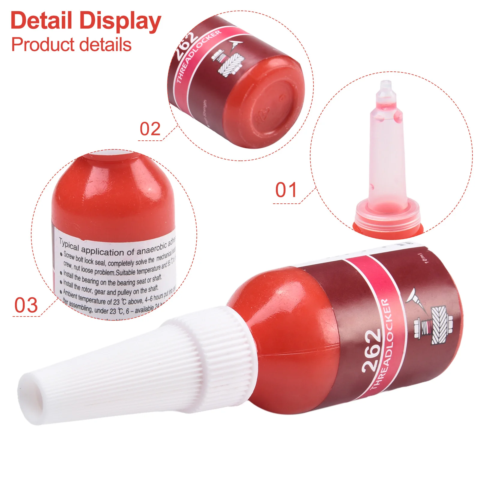 Description Picture 3 of item10ml Threadlocker 222/242/243/262/263/271/277/290 Anaerobic Adhesive Sealer Sealing For Locking And Sealing Of M6-M20 Thread