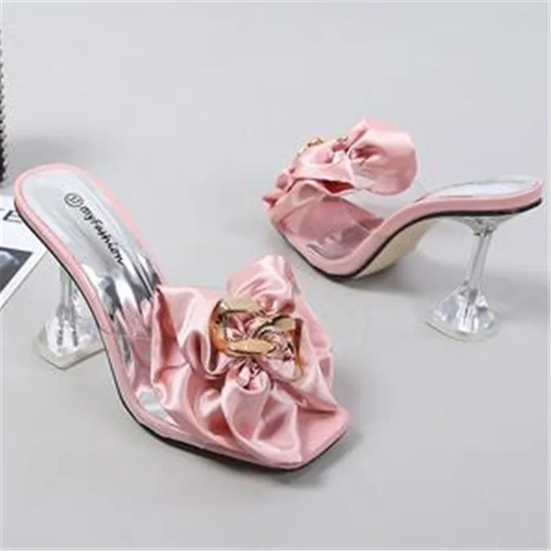 Transparent Slippers For Women 2023 Summer Fashion Pink Butterfly-knot Designer Sandals Clear Heels Size 46 Female Shoes