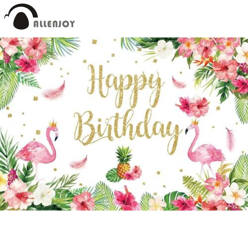 

Allenjoy Happy Birthday Party Background Flamingo Summer Holiday Tropical Baby Shower Gold Glitter Photography Decor Backdrop