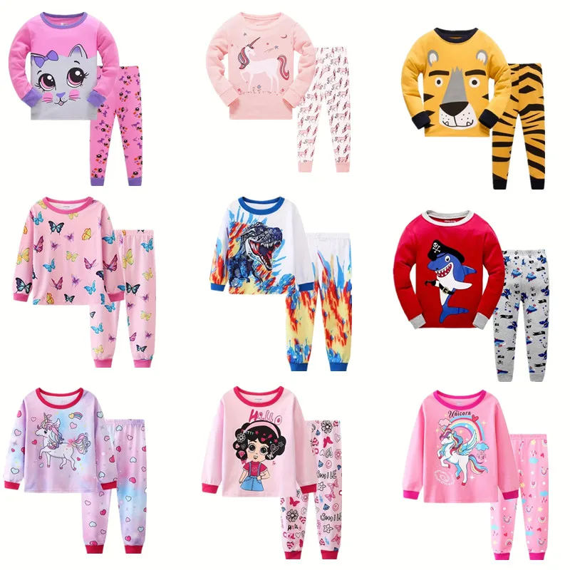 2pcs Girls Cotton Pajama Sets Casual Cartoon Unicorn Print Crew Neck kids pajamas set,kids pajamas,pajama sets,kids clothing set