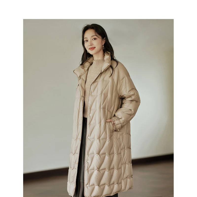 INMAN Women Long Down Jacket 2023 Winter Stand Collar Loose Thick Coat Lace Up Waist Design Warm Fashion Khaki Apricot Overcoat