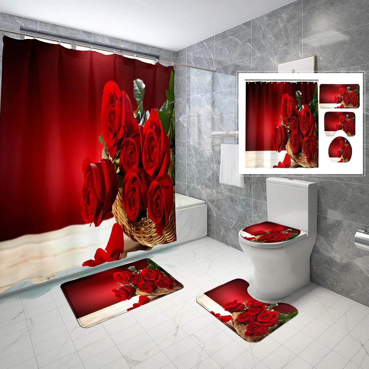 

4 Sets Rose Theme Shower Curtain Sets with Non-Slip Bath Mat,Toilet Lid Cover and Red Roses Flower Bouquet Shower Curtain Set