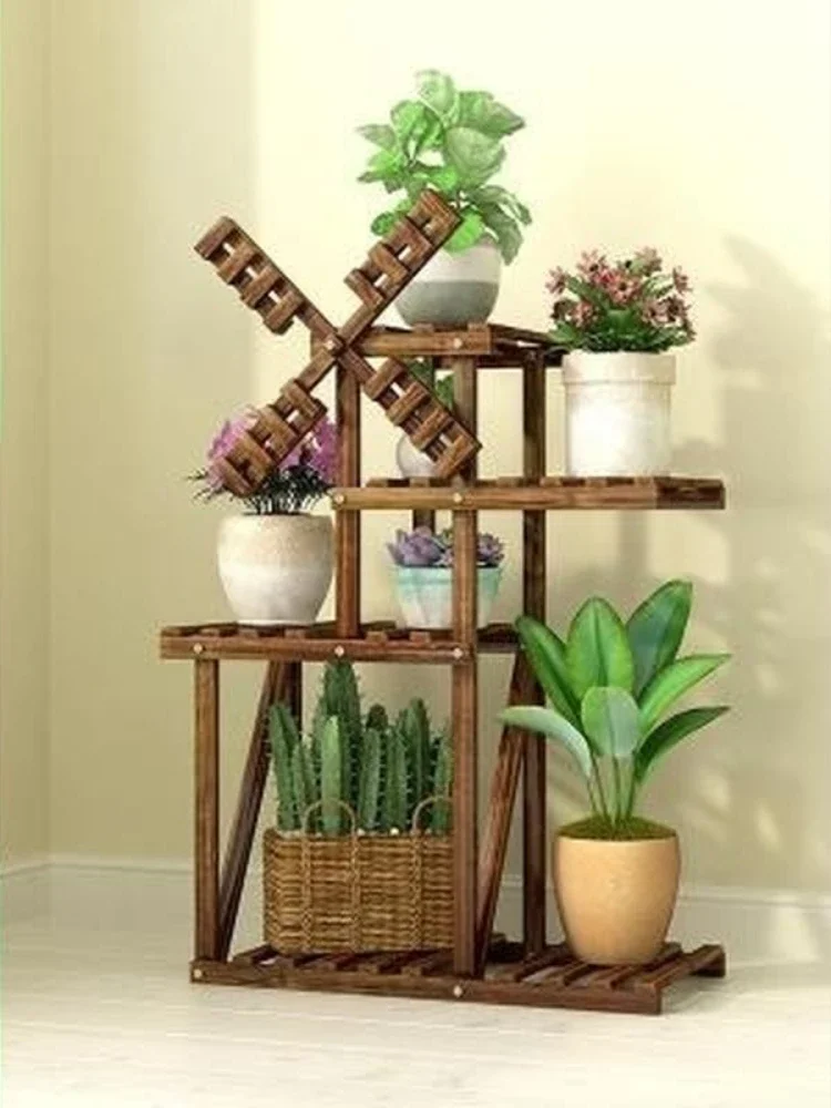 Multistorey Indoor Flower Shelf Balcony Wrought Iron Living Room Solid Wood Floor Plant Pot Rack Special Racks