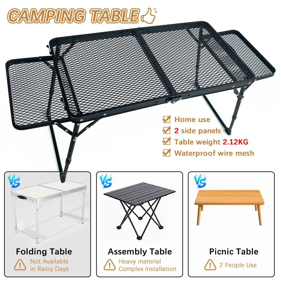 Sportneer Tavolo da Campeggio Pieghevole e Portatile, Regolabile in Altezza, 60×40 cm, con Ripiano in Rete, 2 Altezze, Tavolino da Esterno per Campeggio, Picnic, Spiaggia, Cortile, Nero