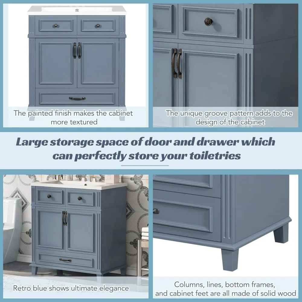 30 Inch Bathroom Vanity with Sink Combo, Solid Wood Frame Bathroom Storage Cabinet with 2 Doors and 1 Drawer