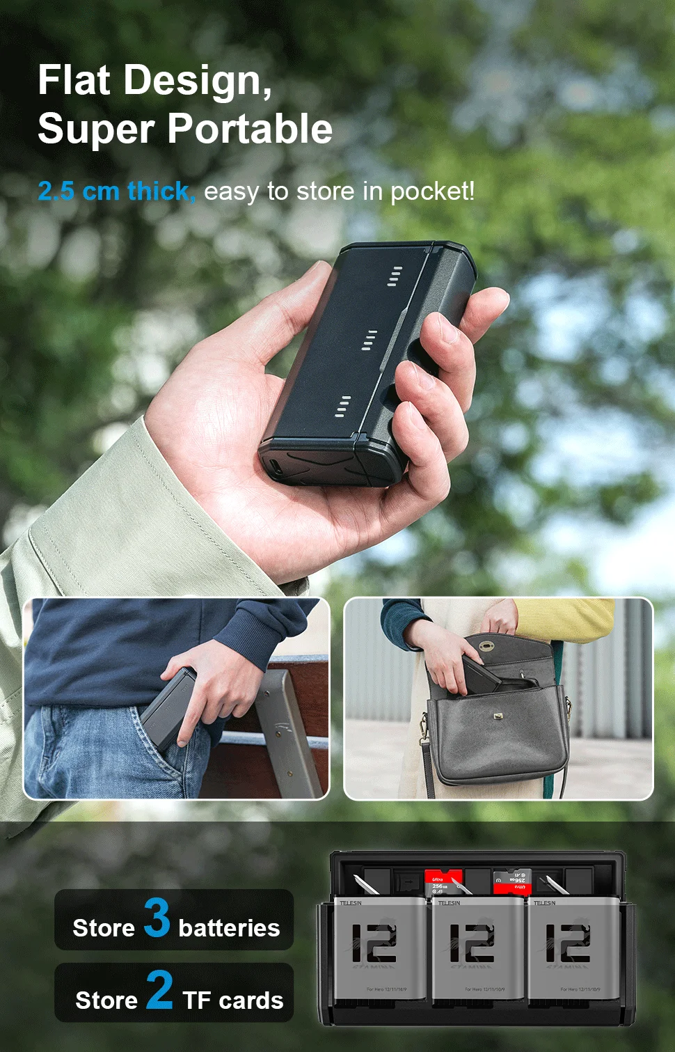 TELESIN Portable Battery Charger Fast Charging for Hero12 Battery Hero 12 11 1
