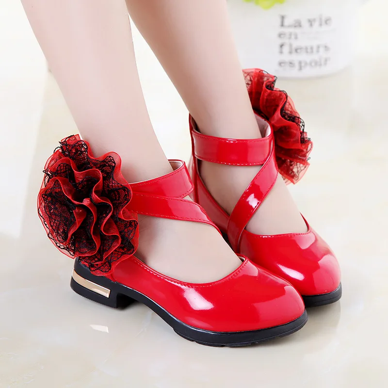 Kids Shoes Girls High Heel Princess Flower Shoes Fashion Children Leather Fashion Girls Party Dress Wedding Dance