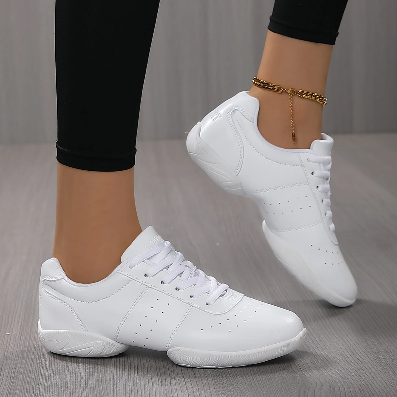 610Women's Leather Sports Shoes Lightweight Cheerleading Aerobics Sneakers Youth Teen Girls Non-slip Fitness Gym_desvips.com