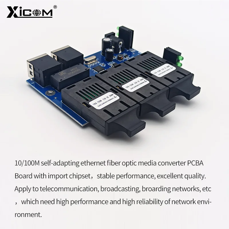 1 Pcs 20KM 10/100M PCBA Board Ethernet Fiber Optic Converter Single Mode Fiber Switch Duplex 3*SC Fiber Port 2*100M RJ45 Port