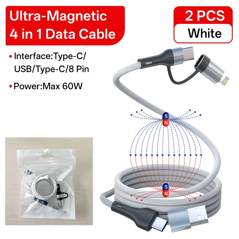 Magnetic 4-in-1 60W Fast Charging Cable, 2M USB-C to 8-Pin Data Cable