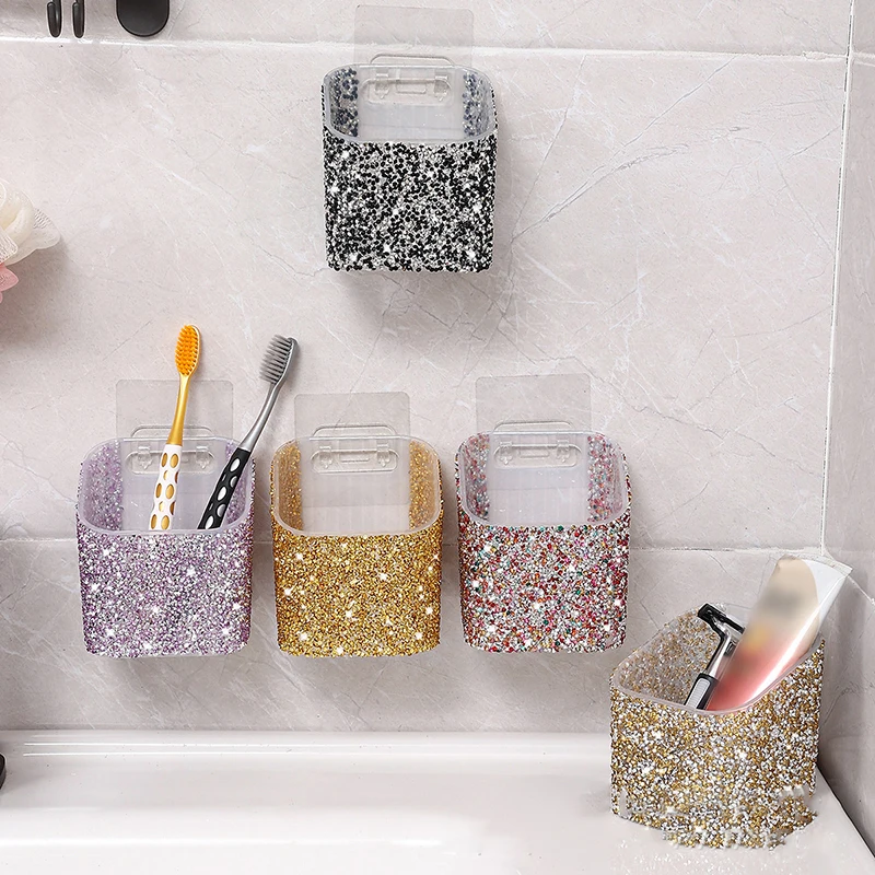 Luxury Rhinestone Wall Mounted Toothbrush Holder Bathroom Storage Holder Non Perforated Toothpaste Kitchen Accessories