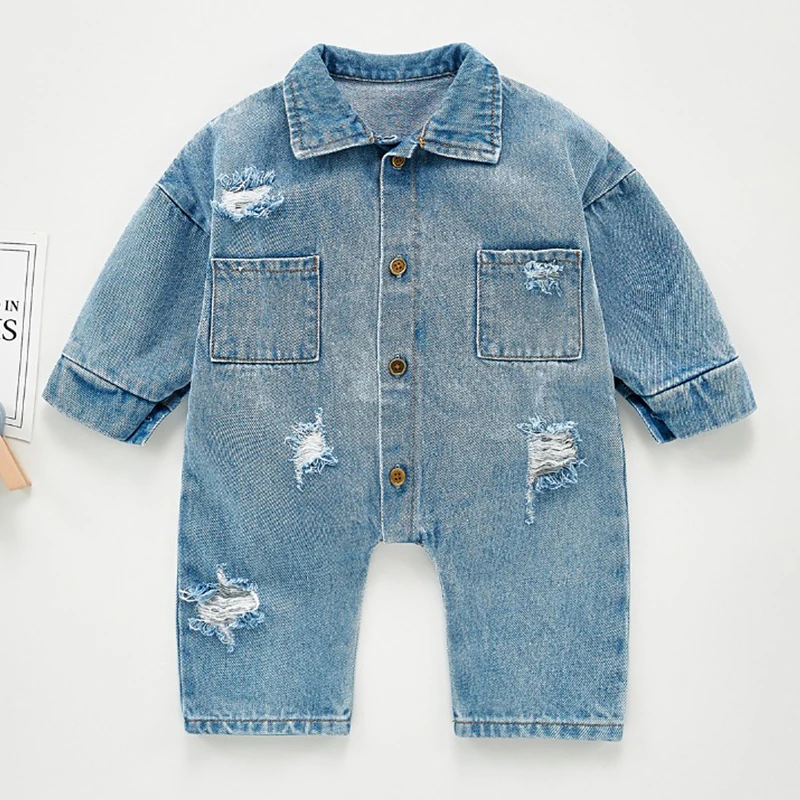 Spring Autumn Newborn Boys Girls Cowboy Broken Hole Jumpsuits Clothes Baby Long Sleeve Rompers Children Rompers