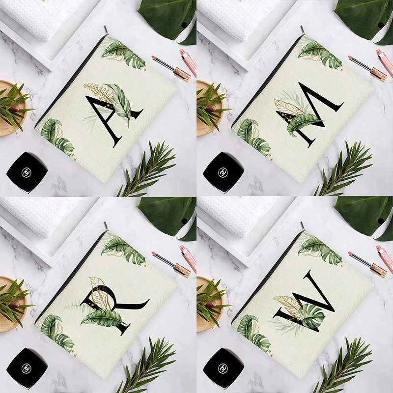 

Black English Alphabet Golden Green Leaves Simple Nordic Fashion Women Beauty White Linen Cosmetic Bag Makeup Storage Travel