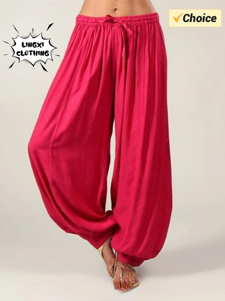 2024 Summer New Women's Solid Color Lantern Pants Loose Pleated Drawstring Casual Ankle Sports Pants Harlan Pants 4