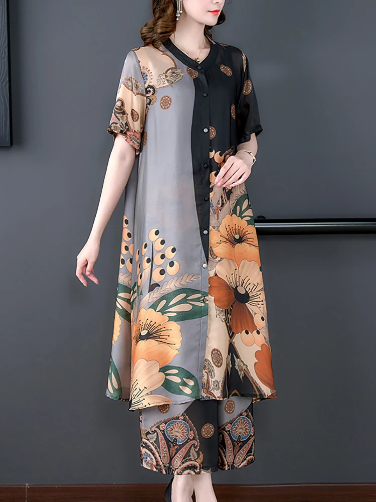 Women Korean Vintage Elegant Luxury Pants Sets 2024 Summer Print Silk Short Sleeve Loose Top Coats+Wide Leg Pants Two Piece Sets