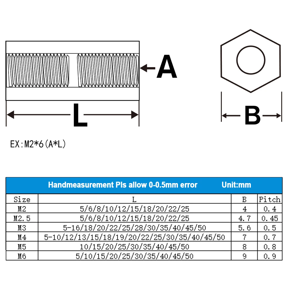 Female Hex Nylon Standoff Metric Thread Hexagonal Spacers Spacing Screw M2 M2.5 M3 M4 M5 M6 Black White Motherboard Rack Column