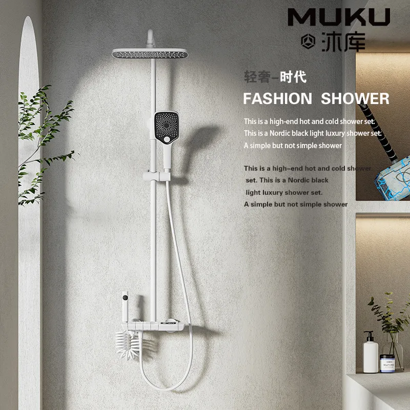 

Brass Intelligent Constant Temperature Shower Set Digital Display Button Four Functions White Gun Gray Bathroom Shower Faucet