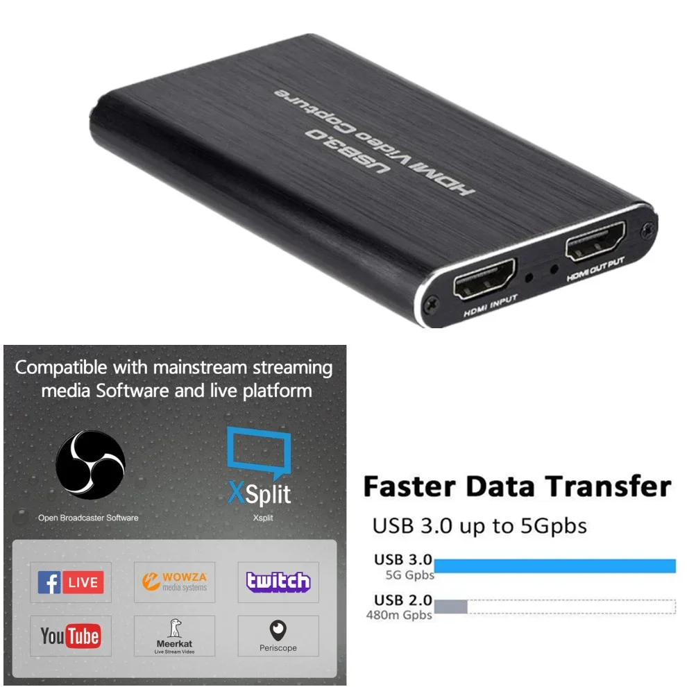 게임 녹화 플레이트 라이브 스트리밍 박스용 비디오 캡처 카드, PS4 카메라용 USB 3.0 그래버, 4K USB HDMI 호환, 1080P 60Hz