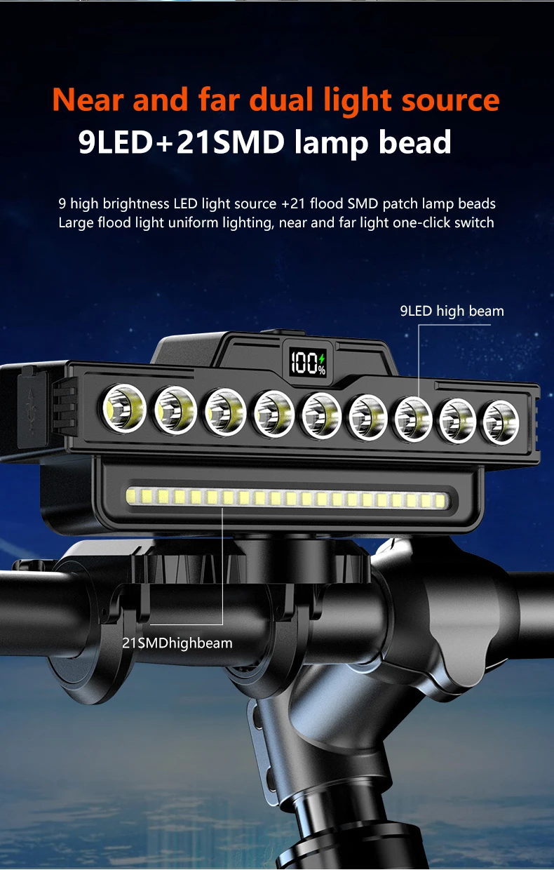Bicycle Digital Display Horn Light 9 Lamp Beads Rechargeable Handlebar Front Light Warning Speaker Head Light for Running Riding