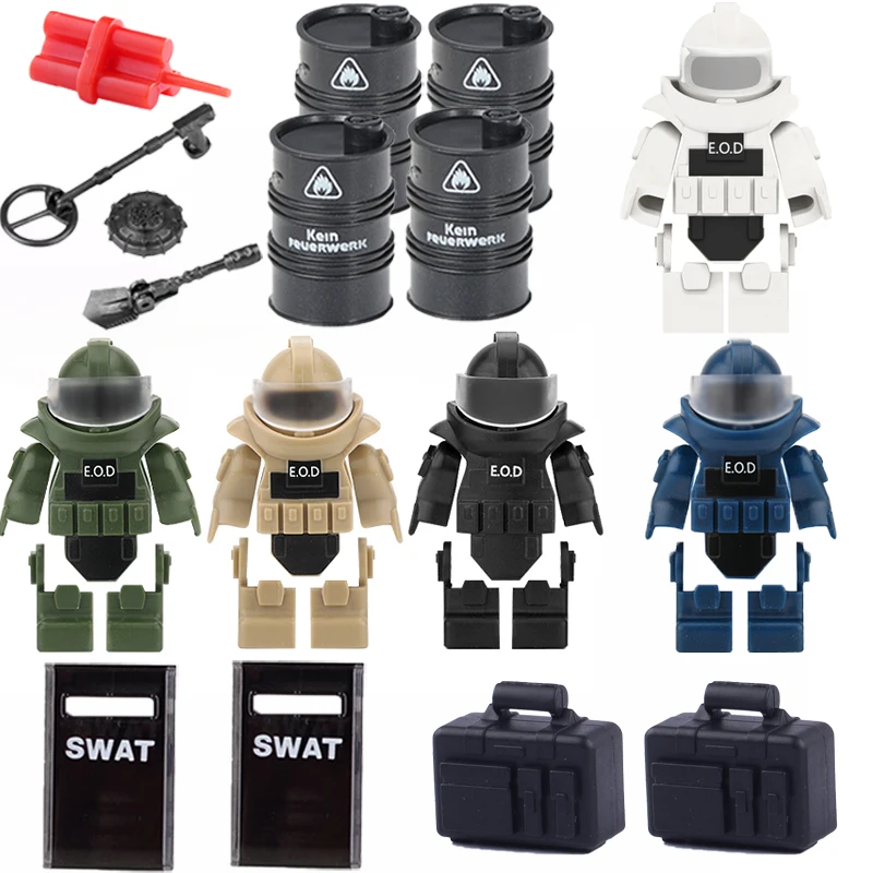 

MOC Military Bomb Disposal Suit Building Blocks EOD SWAT Police Figure Accessories Equipment Kit Weapon Bricks Toys Boys Gift