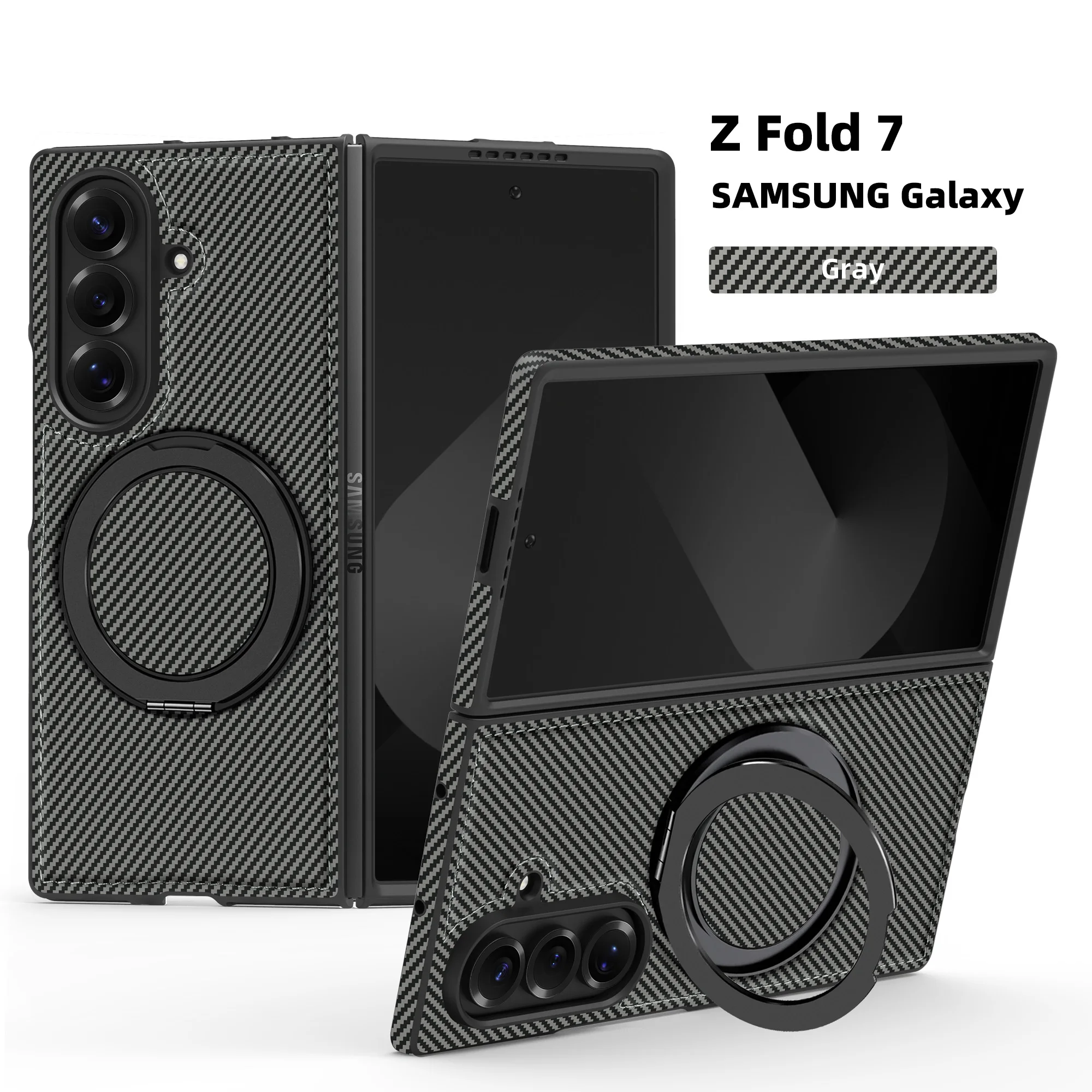 MagSafe 보호 백 커버 케이스 Z Fold7 6 5 4 3 삼성 갤럭시 Z Fold 7 케이스 하드 PU 카본 파이버 마그네틱 링 스탠드